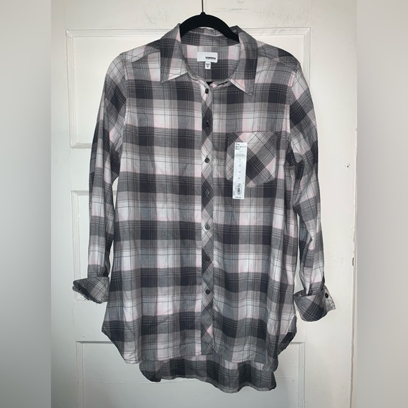 NWT Sonoma gray and‎ soft pink plaid button up shirt size medium - Picture 1 of 9